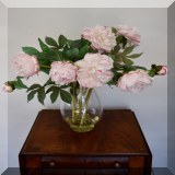 D95. Faux flowers in glass vase. 9”h - $8 